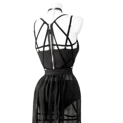Side profile of black three sets of straps dress with chest pads - chic style showing shape and proportions