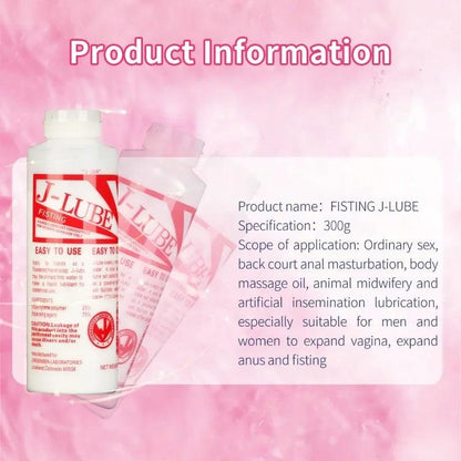 Side profile of fisting j-lube concentrated gel oil for ultimate pleasure showing shape and proportions