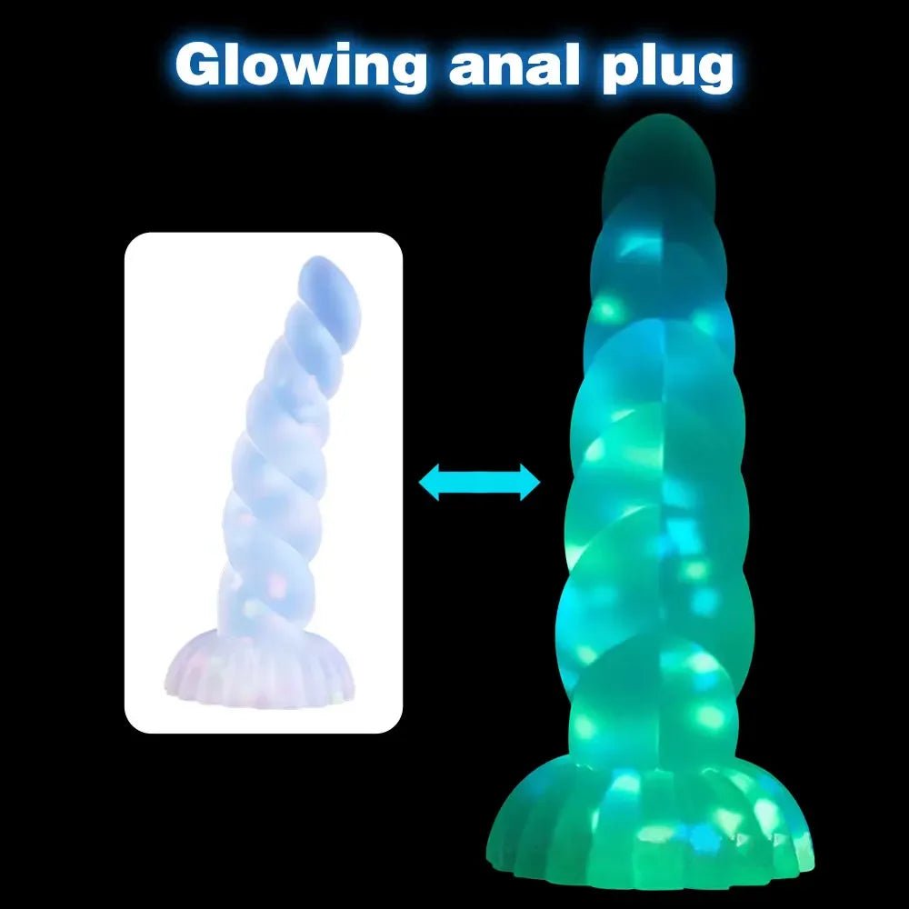 Side profile of dark glowing toy for women with suction cup for pleasure showing shape and proportions