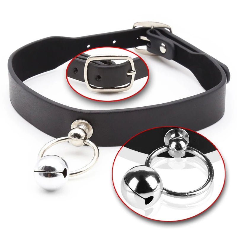 Rear or angled view of sexy leather punk rivets necklace for fetish role play gift