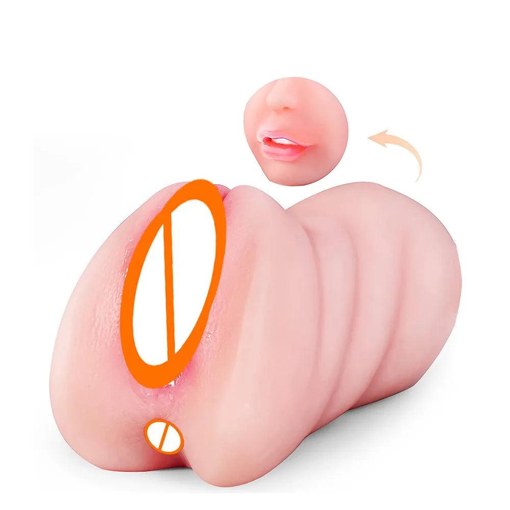 Packaging and accessories included with 3in1 realistic mouth & butt for ultimate male pleasure