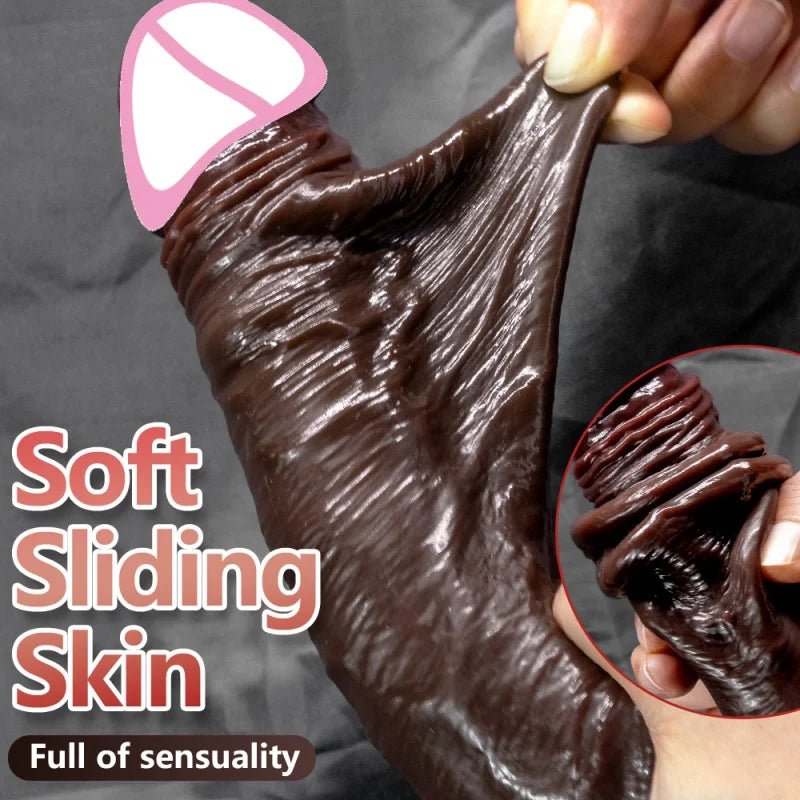 Front view of black realistic silicone sliding testicles foreskin g spot stimulate on white background