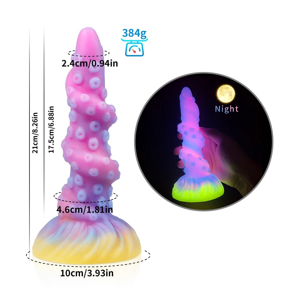 Detail shot of base or attachment on dark glowing toy for woman with suction cup fun play