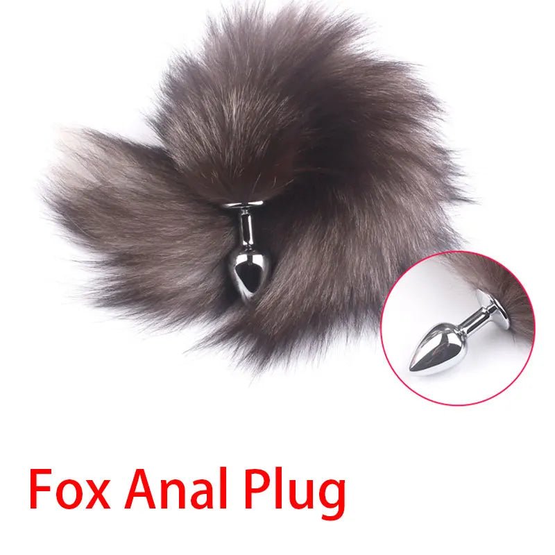 Close-up of full fluffy fox tail on metal plug