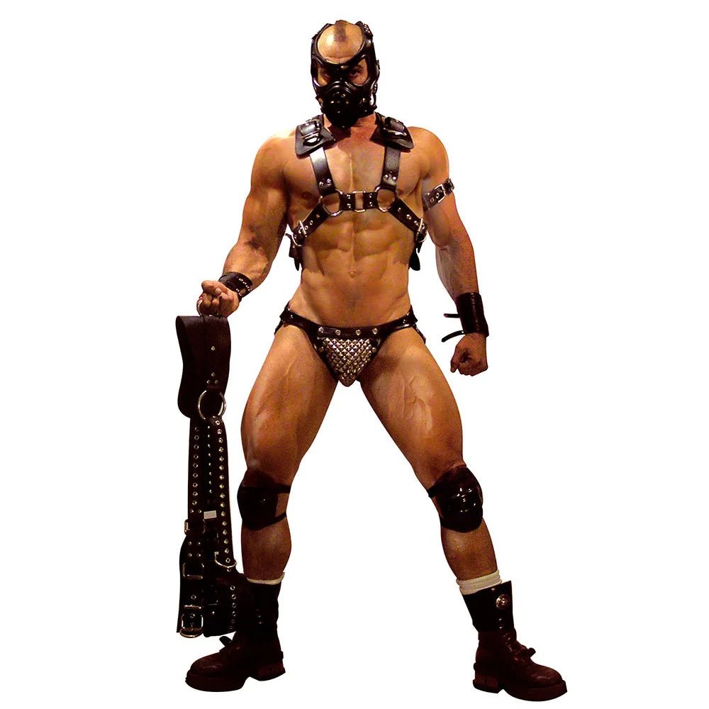 Size comparison of sexy men faux leather chest harness with buckles and armors with scale reference
