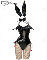 Black Shiny Bunny Girl Outfit with Bow Tie and Fishnet Stockings – side view