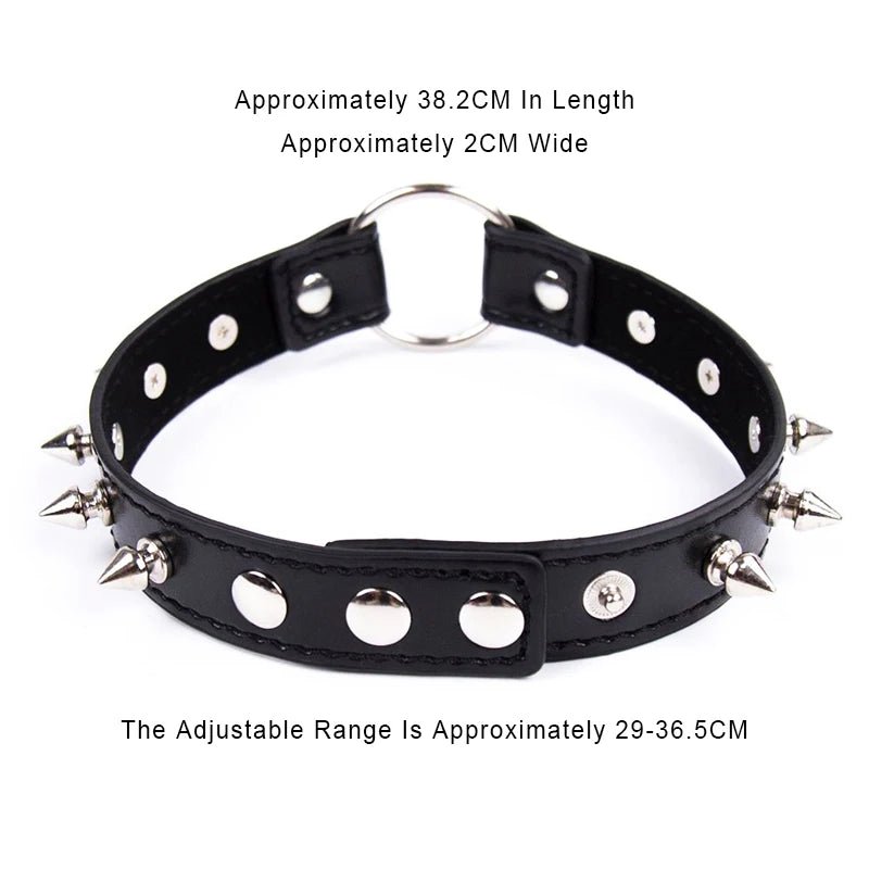 Detail shot of base or attachment on sexy leather punk rivets necklace for fetish role play gift