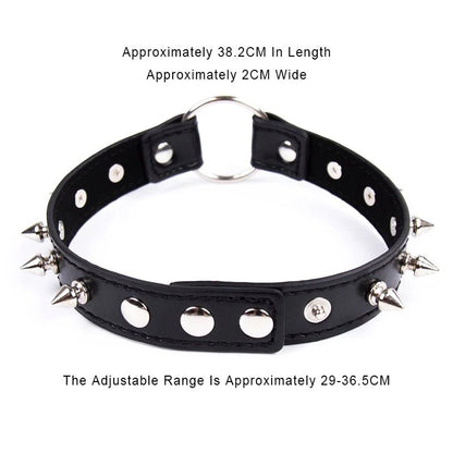 Detail shot of base or attachment on sexy leather punk rivets necklace for fetish role play gift