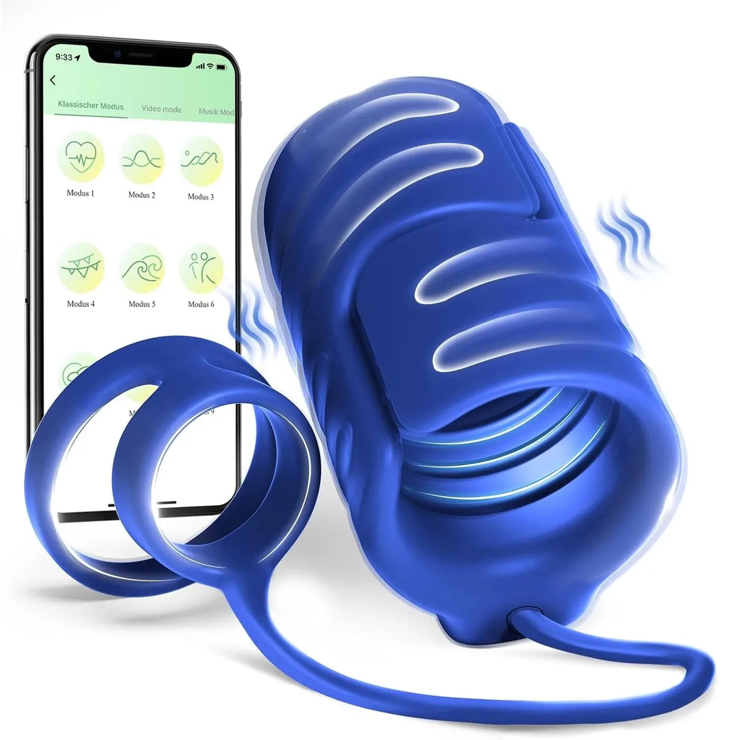 Detail shot of base or attachment on male pleasure trainer with app remote control device for satisfaction