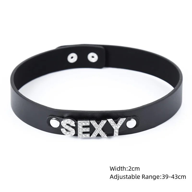 Front view of sexy leather punk rivets necklace for fetish role play gift on white background