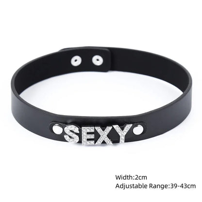Front view of sexy leather punk rivets necklace for fetish role play gift on white background