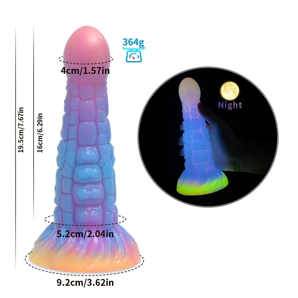 Measurement and dimensions of dark glowing toy for woman with suction cup fun play