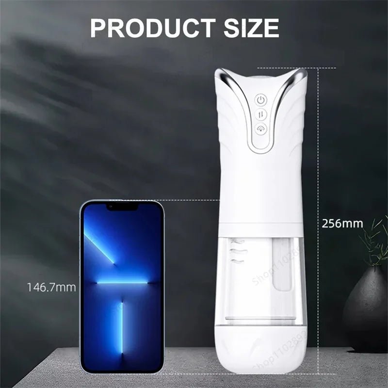 Rear or angled view of man toys with sucking realistic mouth and balls for pleasure