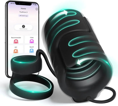 Front view of male pleasure trainer with app remote control device for satisfaction on white background