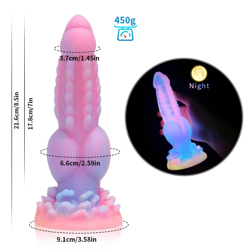 Product overview of dark glowing toy for woman with suction cup fun play from above