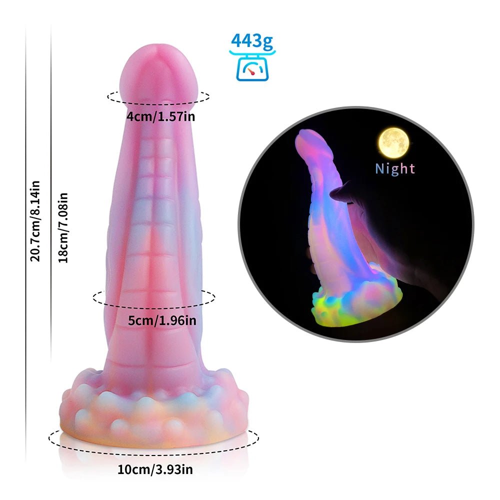 Detail shot of base or attachment on dark glowing toy for woman with suction cup fun play
