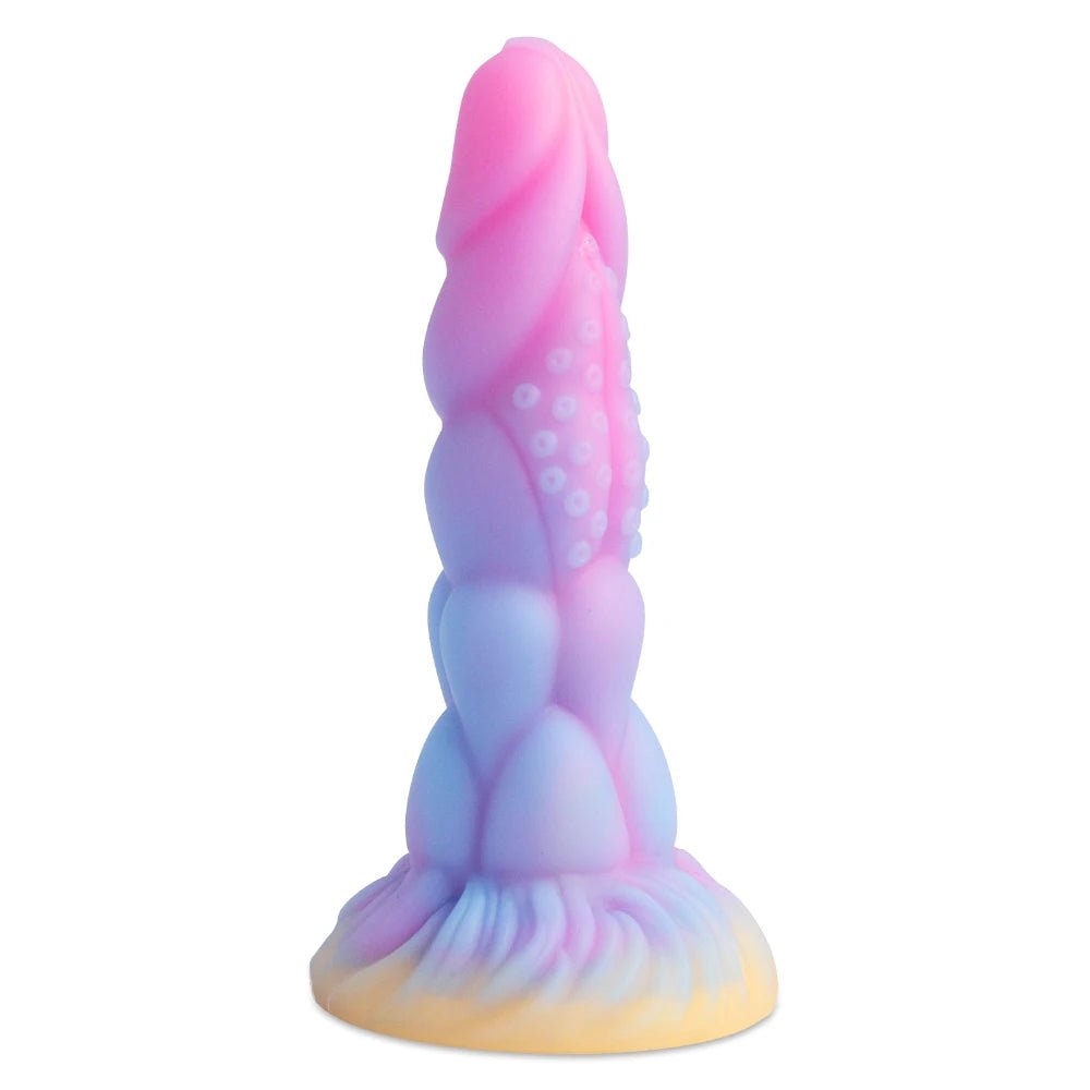 Side profile of dark glowing toy for woman with suction cup fun play showing shape and proportions