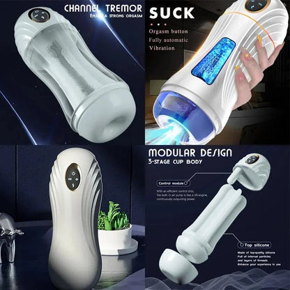 Close-up of control buttons or charging port on man toys with sucking realistic mouth and balls for pleasure