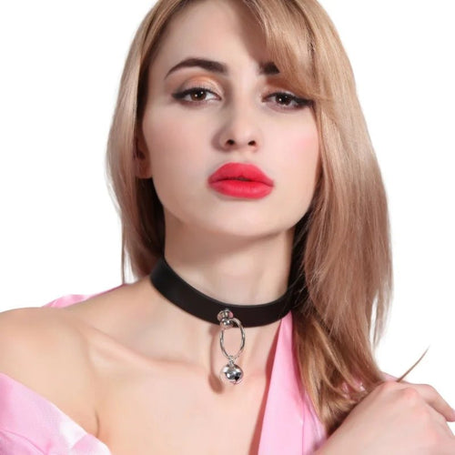 Front view of sexy leather punk rivets necklace for fetish role play gift on white background