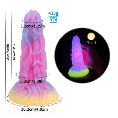 Rear or angled view of dark glowing toy for woman with suction cup fun play