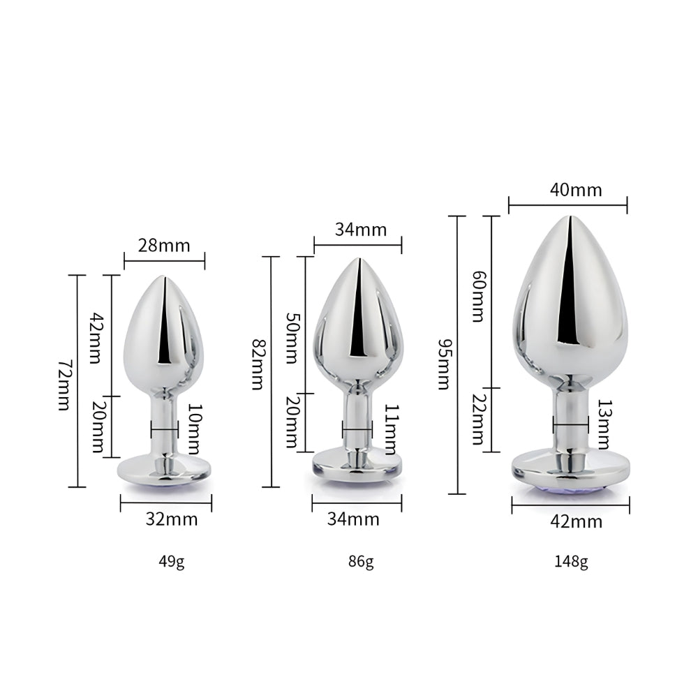 Toosh Metal Butt Plug Silver Set of 3 Clear Stone